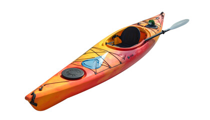 Colorful kayak with paddle, ready for adventure on dark background