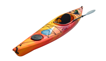 Colorful kayak with paddle, ready for adventure on dark background