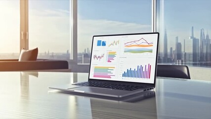 Data Insights: A modern laptop displaying detailed charts and graphs sits on a sleek table in a contemporary office setting, offering a panoramic view of the cityscape through a large window. - Powered by Adobe