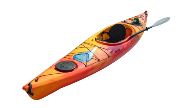 Colorful kayak with paddle, ready for adventure on dark background