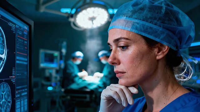 Caucasian neurosurgeon analyzing brain scans in OR