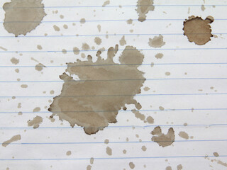 Notebook paper with lines and brown stains.