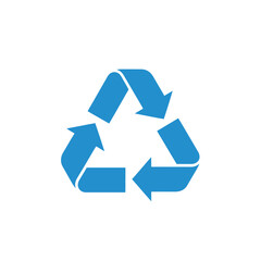 A simple blue recycling symbol with three chasing arrows forming a triangle on a clean white background, representing sustainability and environmental care.