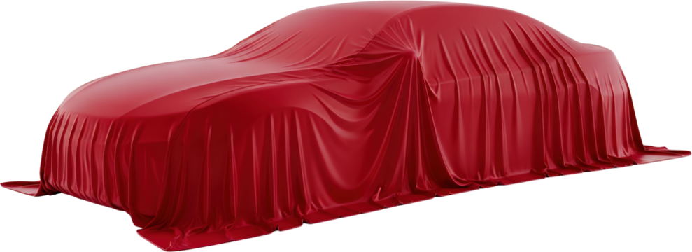 A sleek automobile is completely concealed by a draped lustrous red fabric hinting at its form beneath folds and shadows isolate car vehicle covered material