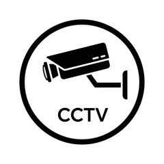 A clear black and white icon depicts a wall-mounted CCTV security camera within a circular frame, emphasizing surveillance and safety.