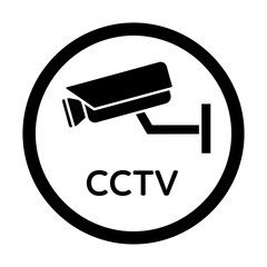 A clear black and white icon depicts a modern CCTV surveillance camera mounted on a wall, signifying security, monitoring, and advanced technological protection.