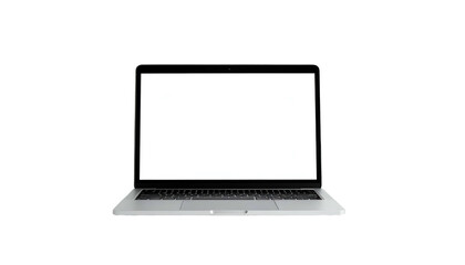 Open laptop centered, blank white screen against black background