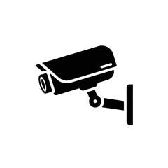 A sleek black silhouette icon of a wall-mounted CCTV security camera, symbolizing constant surveillance, safety, and modern protection technology.