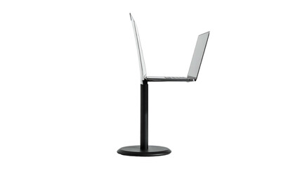 Laptop balanced vertically on stand against a dark background