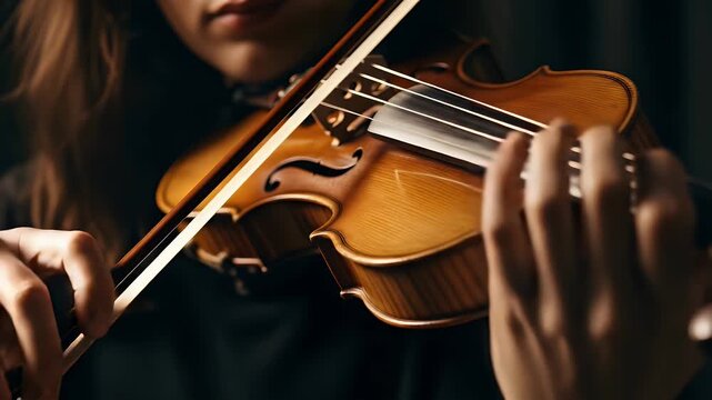 Close up of a person playing a wooden violin with bow strings music art