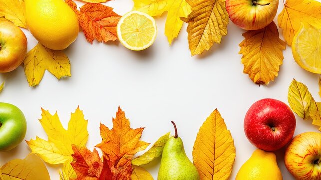 Bright Fresh Fruits and Colorful Autumn Leaves Arrangement with s Pears Lemons and Green on White Background - Powered by Adobe
