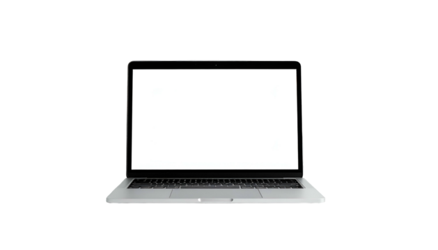 Open laptop centered, blank white screen against black background