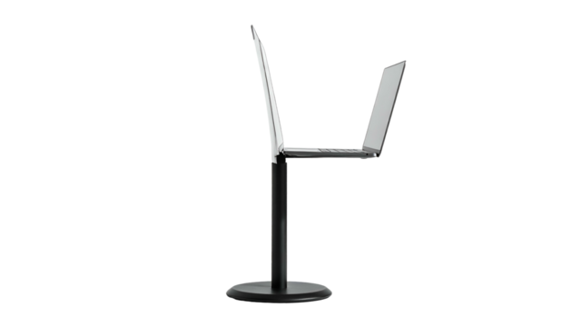 Laptop balanced vertically on stand against a dark background