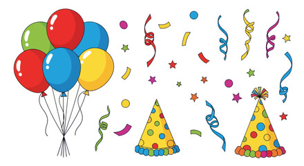 Colorful Party Balloons Hats Confetti and Streamers Illustration. © Il