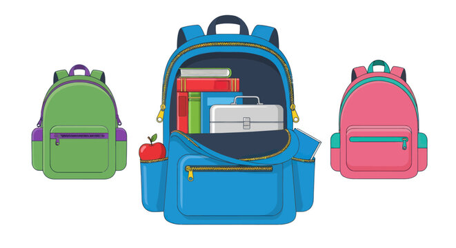 Three colorful school backpacks one open with books and a lunchbox inside.