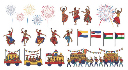 Vector illustration set of an Indian cultural celebration with parade floats traditional dancers and fireworks.