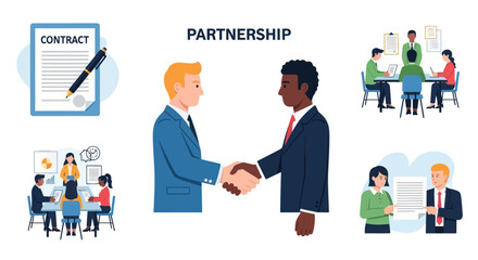 Business Partnership Illustration: Two Men Shaking Hands Contract and Team Collaboration.