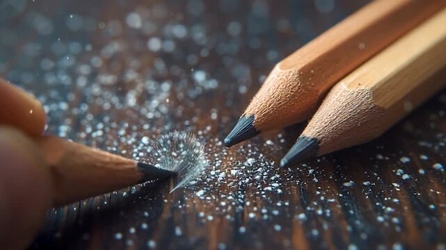 Close up of sharpened pencils on a wooden surface with glitter.
