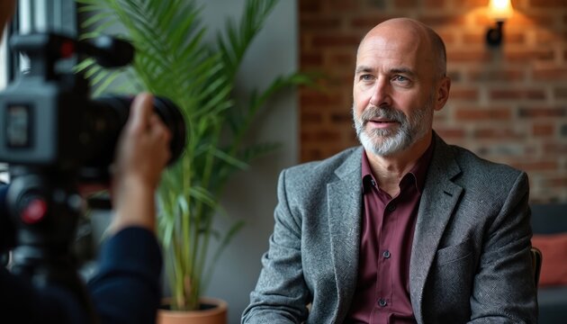 Mature man with grey beard gives interview for camera. Professional filming interview indoors with a cameraperson. Bald man in jacket speaks seriously, looks thoughtful, with plant background.