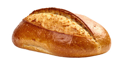 Golden, crusty loaf of bread with a diagonal cut on a black background