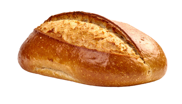 Golden, crusty loaf of bread with a diagonal cut on a black background
