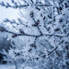 Obraz premium Close up of frost covered pine needles on a branch in winter.