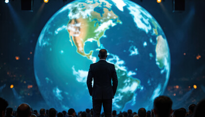 Business leader gives speech before audience at a global conference. Man in suit looks at the Earth projection, business people listen. Corporate event, summit, successful strategy.