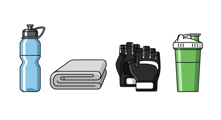 Gym Essentials: Water Bottle Towel Gloves and Shaker Bottle Vector Illustration.
