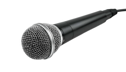 Wired microphone with a mesh grille, on a black background