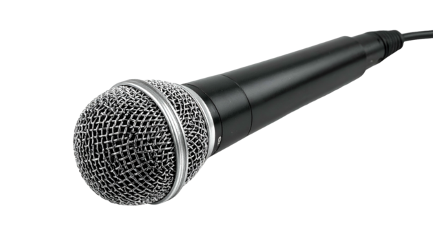 Wired microphone with a mesh grille, on a black background