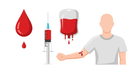 Medical blood donation and collection concept with syringe blood bag drops and human arm.