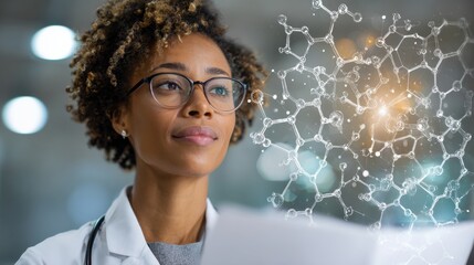 A medical professional examines research data while contemplating molecular structures in a modern laboratory environment during the day.