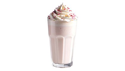 Pink milkshake with whipped cream and colorful sprinkles, isolated