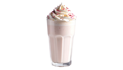 Pink milkshake with whipped cream and colorful sprinkles, isolated