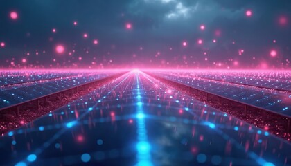 Futuristic solar panel farm glowing with neon blue and pink lights. Rows of photovoltaic modules stretch to horizon under dark cloudy sky. Digital energy network concept.