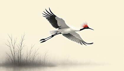 Obraz premium Red crowned crane bird flies over misty marshland with bare trees. Elegant creature with long legs soars in minimalist painting style art. Nature illustration for peace tranquility.