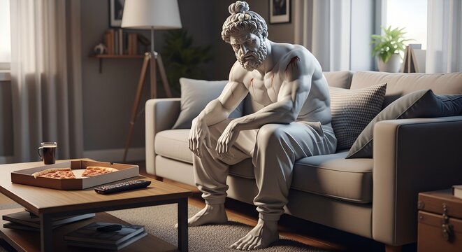 Pensive classical statue, marked with red, sits on modern sofa with pizza and remote.