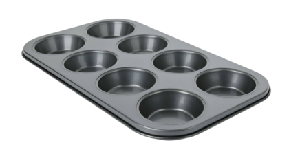 Silver baking pan featuring eight round cavities
