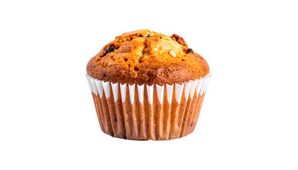 Freshly baked muffin in white paper liner on black background