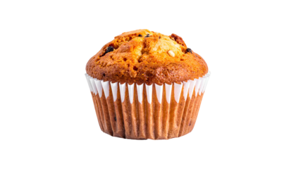 Freshly baked muffin in white paper liner on black background