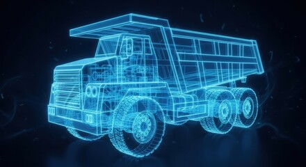 Futuristic luminous digital model of a heavy industrial dump truck showing engineering and mechanics
