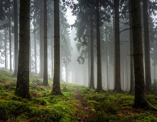 Obraz premium Dense, misty forest scene with a path leading into the depths