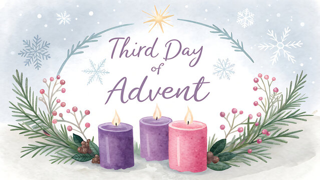 Third day of advent illustration featuring three lit candles surrounded by festive winter greenery and snowflakes celebrating the christmas season