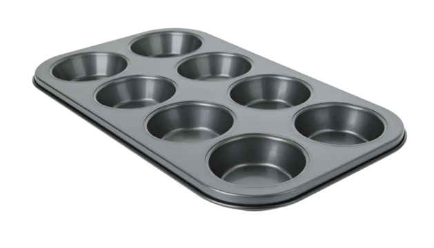 Silver baking pan featuring eight round cavities