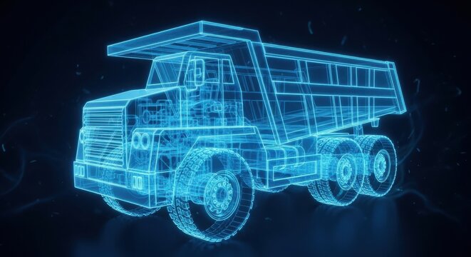 Futuristic luminous digital model of a heavy industrial dump truck showing engineering and mechanics
