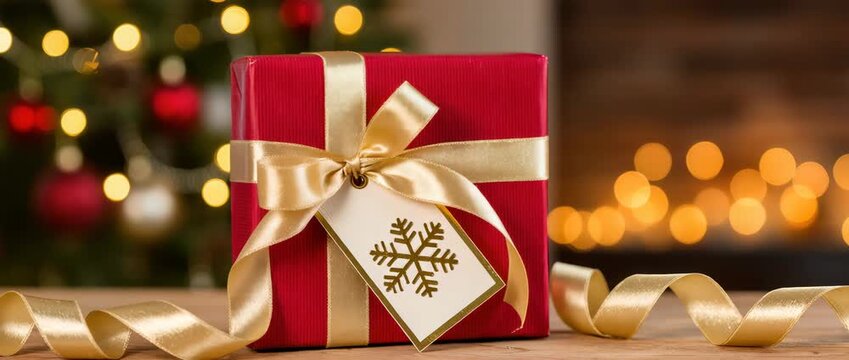 Red Christmas gift box with shiny golden ribbon and snowflake tag placed on wooden surface. Decorated tree and glowing bokeh lights in background. Festive holiday atmosphere and celebration. - Powered by Adobe