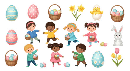 Easter Celebration with Children Decorated Eggs Baskets Chick Bunny and Flowers.