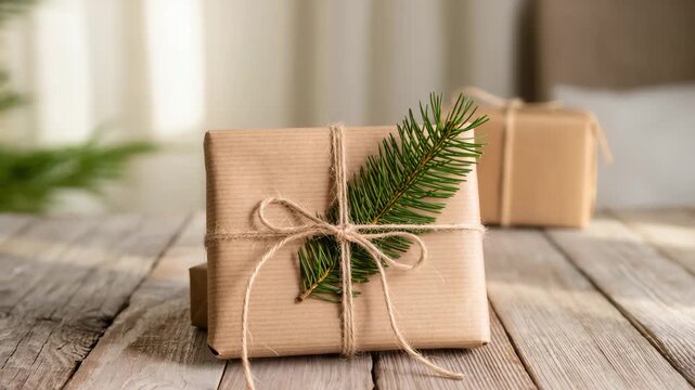 Eco-friendly Christmas gift wrapped in kraft paper and tied with twine, decorated with a green pine twig. Rustic and natural holiday presentation. Minimal winter celebration mood.