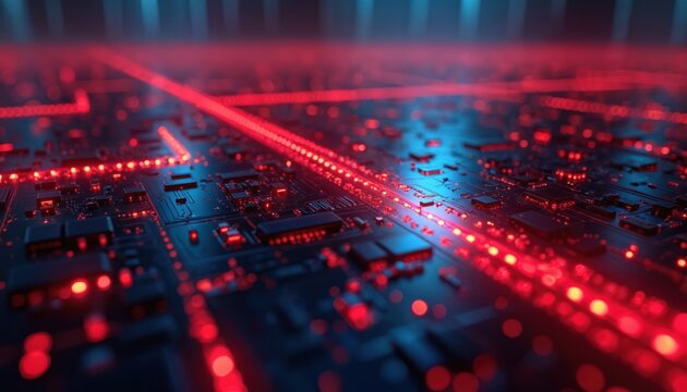 Close-up of a tech circuit board with glowing red lines. Digital network concept shows data flow communication innovation. Abstract background with technology details data transfer.