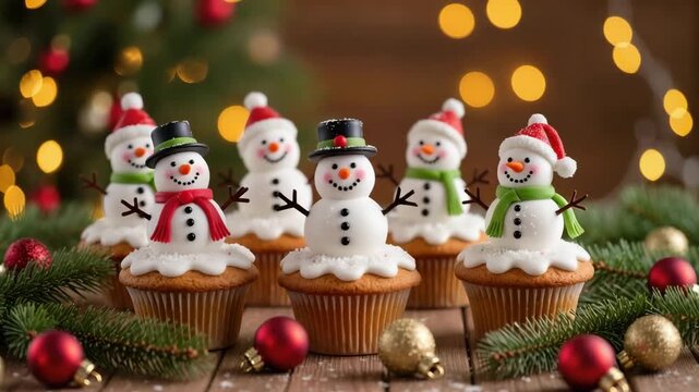 Cupcakes topped with cute snowman figures made of icing, each wearing a hat and scarf. Surrounded by pine branches and Christmas ornaments. Festive winter treat.